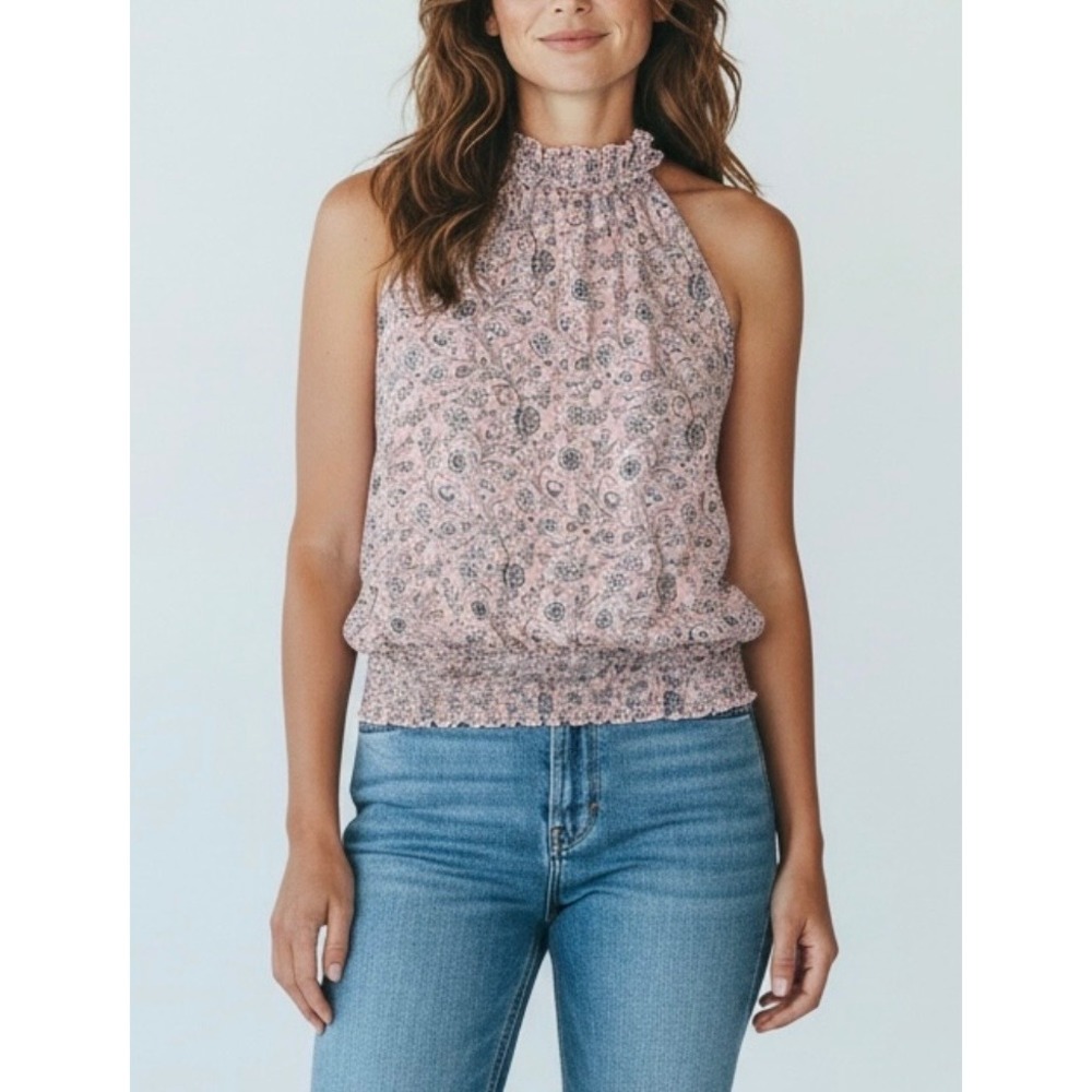 Tempted Hearts Floral Halter Neck Smocked Hem Womens Blouse Pink Size XL Used